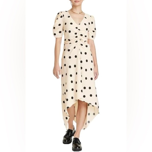 NWT A NEW DAY Women’s Crepe Short Sleeve Midi High Low Polka Dot Dress - Medium - Picture 1 of 11